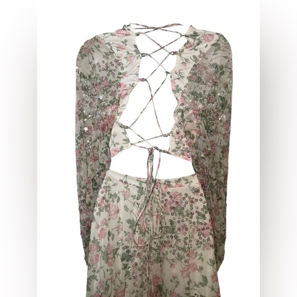 Mac Duggal New 93746 Cutout Waist Floral Lace Up Back Dress Size 16 - Picture 7 of 8